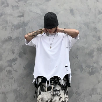 

Male Women Couple Fashion Vintage Gothic Tee Shirts Men Broken Hole High Streetstyle Hip Hop Loose Short Sleeve Shirt