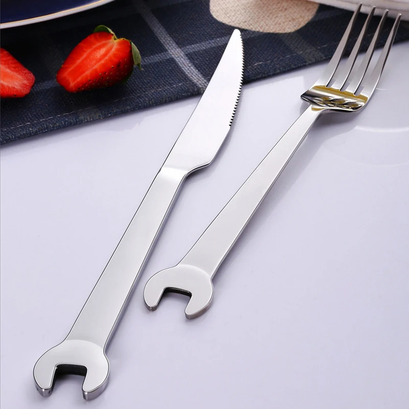 Silver Creative Wrench Shape Fork Spoon Tableware Steak Knife Dinner Fruit Dessert Long Forks