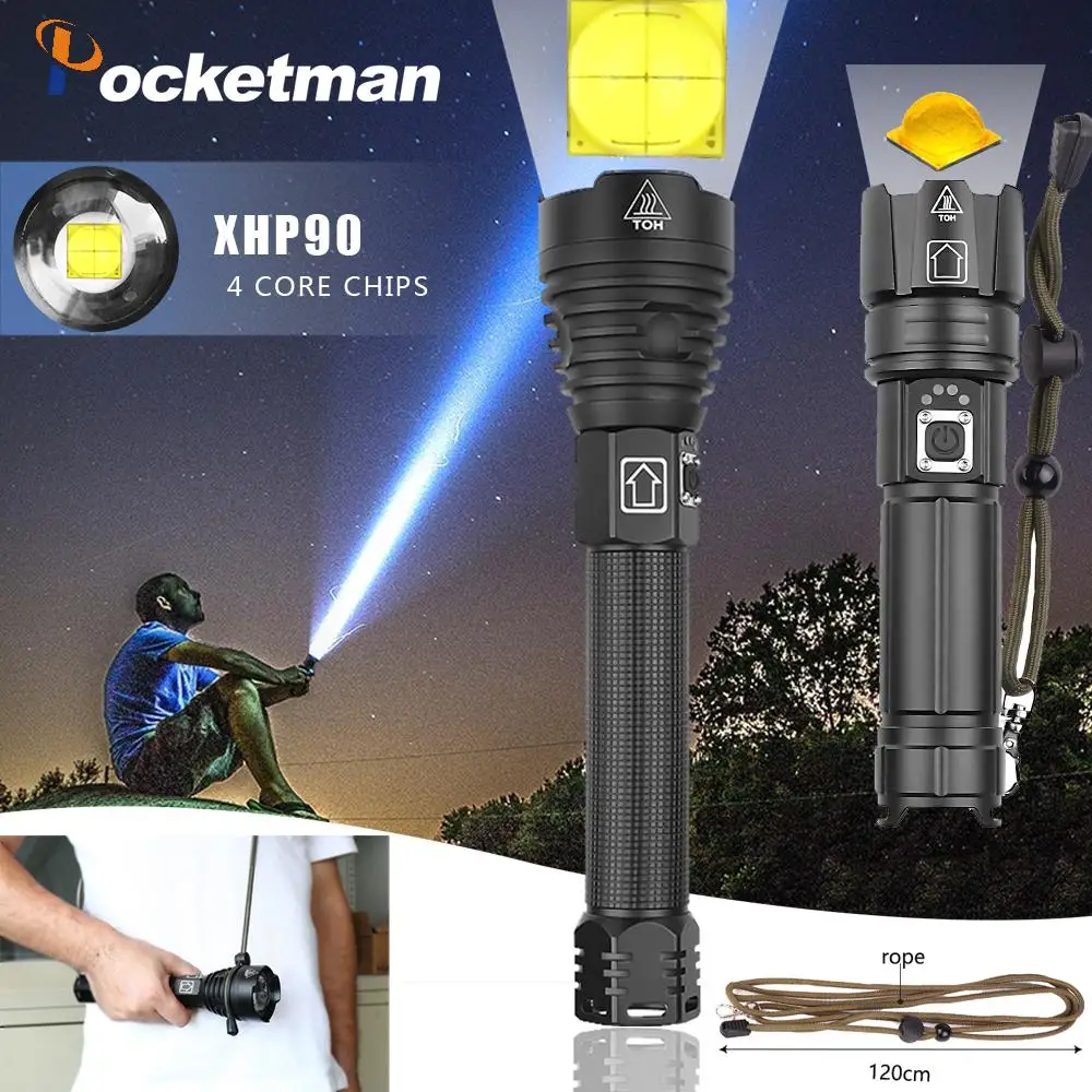 Baratos Lúmenes más potentes linterna de largo alcance LED Zoom táctico XHP70.2 luz de antorcha LED uso 26650 Batería grande