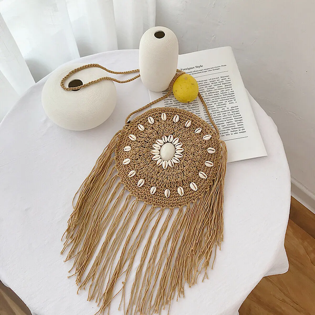 

Woven Rattan Bag Round Straw Shoulder Bag Small Beach Hand Bags Women Hollow Handmade Retro Beach Zipper Messenger Crossbody Bag