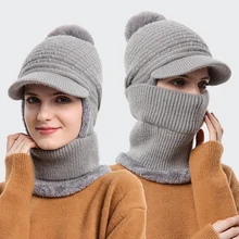 HT3868 Winter Hat Scarf Set Women Thick Warm Riding Ski Earflap Cap Ladies Double Layers Knitted Hat with Scarf Winter Accessory