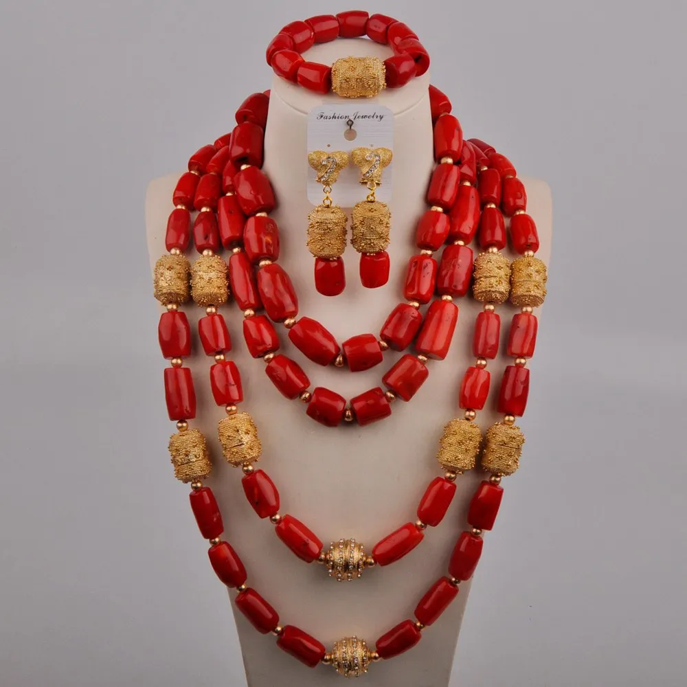 

Fashion Red African Wedding Coral Beads Jewelry Set Women Nigerian Coral Bridal Set