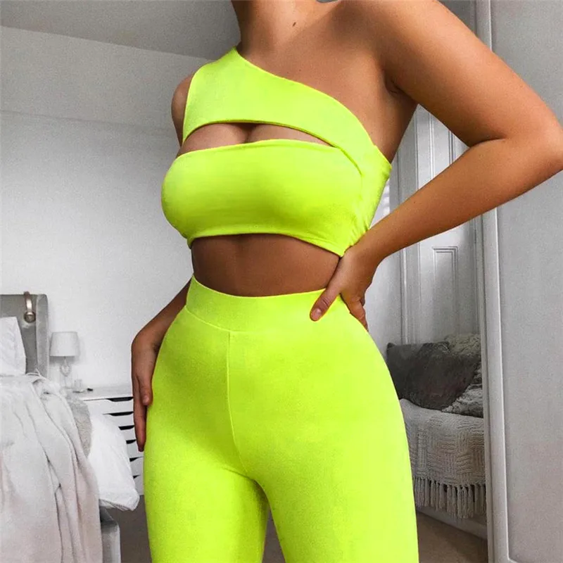 

Neon Color Two Pieces Set Women Clotes 2019 Summer Off Shoulder Hollow Out Crop Top High Waist Shorts Outfit Elastic Tracksuit