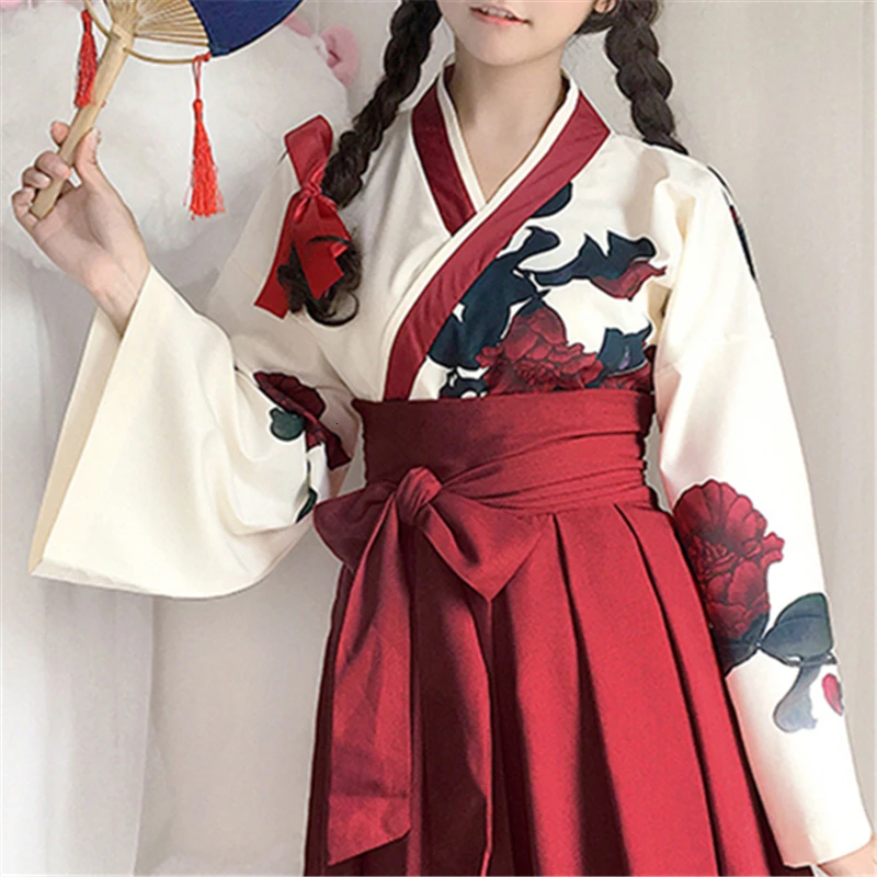 Керамические чашки кимоно юката для девочек, вечернее платье с длинными рукавами, женские топы самурая с цветочным принтом, халаты, юбка с бантом и поясом, комплект одежды Haori - Цвет: red tops