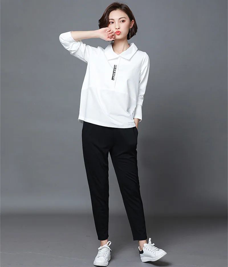

2020 5XL Plus Size Shirt Women Cotton Casual Top Tees Female Loose Pants Spring Elastic Waist Pants Two Piece Set WXF706