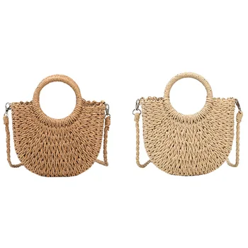 

New Summer Mini Straw Handbags Vintage Beach Casual Bags High Capacity Tote Bags Oval Crossbody Bag