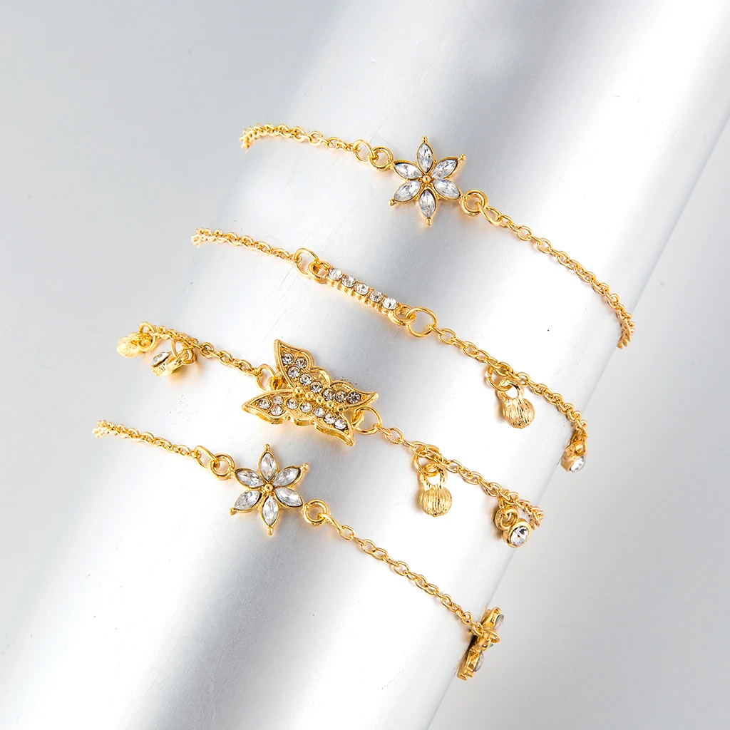 Tocona Wedding Gold Butterfly Flower Crystal Gem Multilayer Pendant Bracelet Ankle for Women Charm Party Foot Jewelry 8259