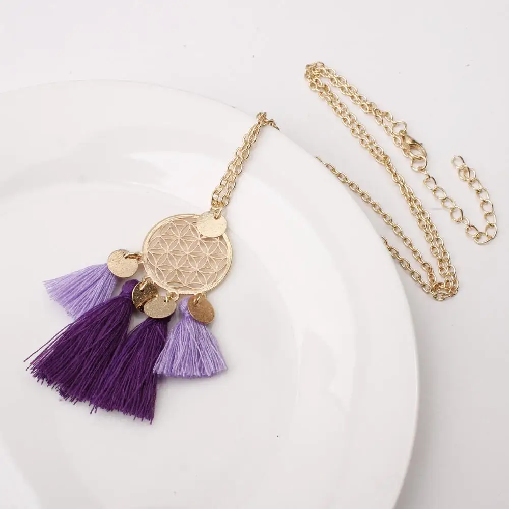 

Handmade Ethnic Boho Silk Tassel Necklace 2019 Chic Gold Sequins Fringed Long Ball Indian Statement Necklace For Women Girls