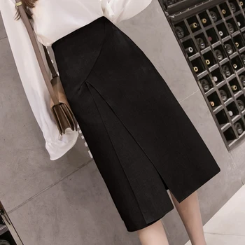 

2020 Spring Summer Elegant A-Line Midi Long Skirts Womens High Waist Front Split Wrap Pencil Skirts Work Wear Office Lady