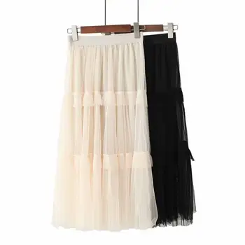 

2020 Spring Women's New Retro High Waist Thin Skinny Gauze Stitching Pleated Cake Long Skirt