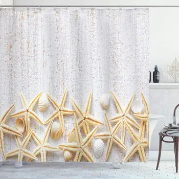 

Seashells Shower Curtain, Sea Shells on Timber Pattern Tropical Honeymoon Getaways Classic Marine Theme, Cloth Fabric Bathroom