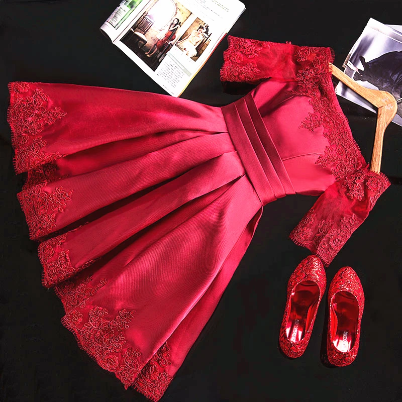 

REAL PHOTOS Red / White A Line Beautiful Cocktail Dresses Elegant Short Wedding Party Dress Half Sleeves Abiye Gece Elbisesi