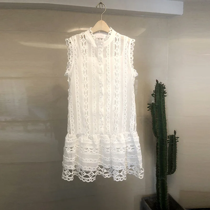 

2019 Summer New Off Shoulder Hollow Out Dress For Women O Neck Sleeveless Loose Mini Dresses