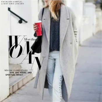 

2019 Fall Winter Women Simple Cashmere look Maxi Long Robe Belted Coat Female Woolen Outerwear manteau femme abrigos mujer