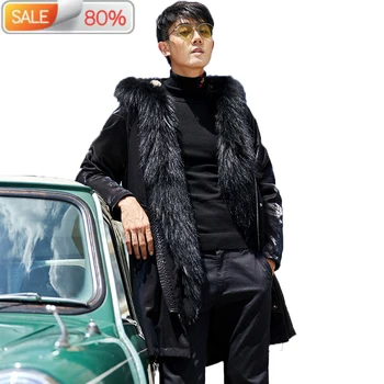 Günstig Männer Parka Winter Jacke Waschbär Kragen Langen Mantel Kaninchen Pelz Liner Plus Größe Veste Homme Hiver MG-1A36001 B21526