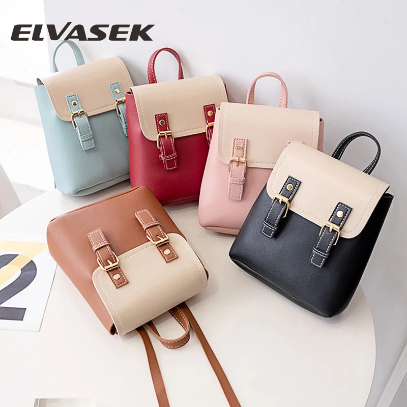 

ELVASEK back bags for women 2019 PU Soft handle back shoulder bag simple small backpack Solid color stitching female bag