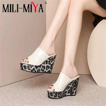 

MILI-MIYA New Arrival Patent Leather Peep Toe Sandals Woman Leopard Wedge Platform High Heels Party Prom Summer Shoes Pumps