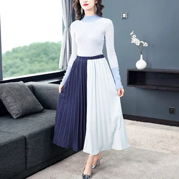 

Spring Autumn Two Piece Set Women Elegant Sweater Pullover Tops + Pleated Patchwork Midi Skirt 2 Piece Set Women Sweater Suit