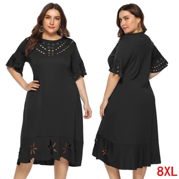 

Plus size women's dress plus size 4XL 5XL 6XL 7XL 8XL summer round neck short sleeve large size loose hollow black dress
