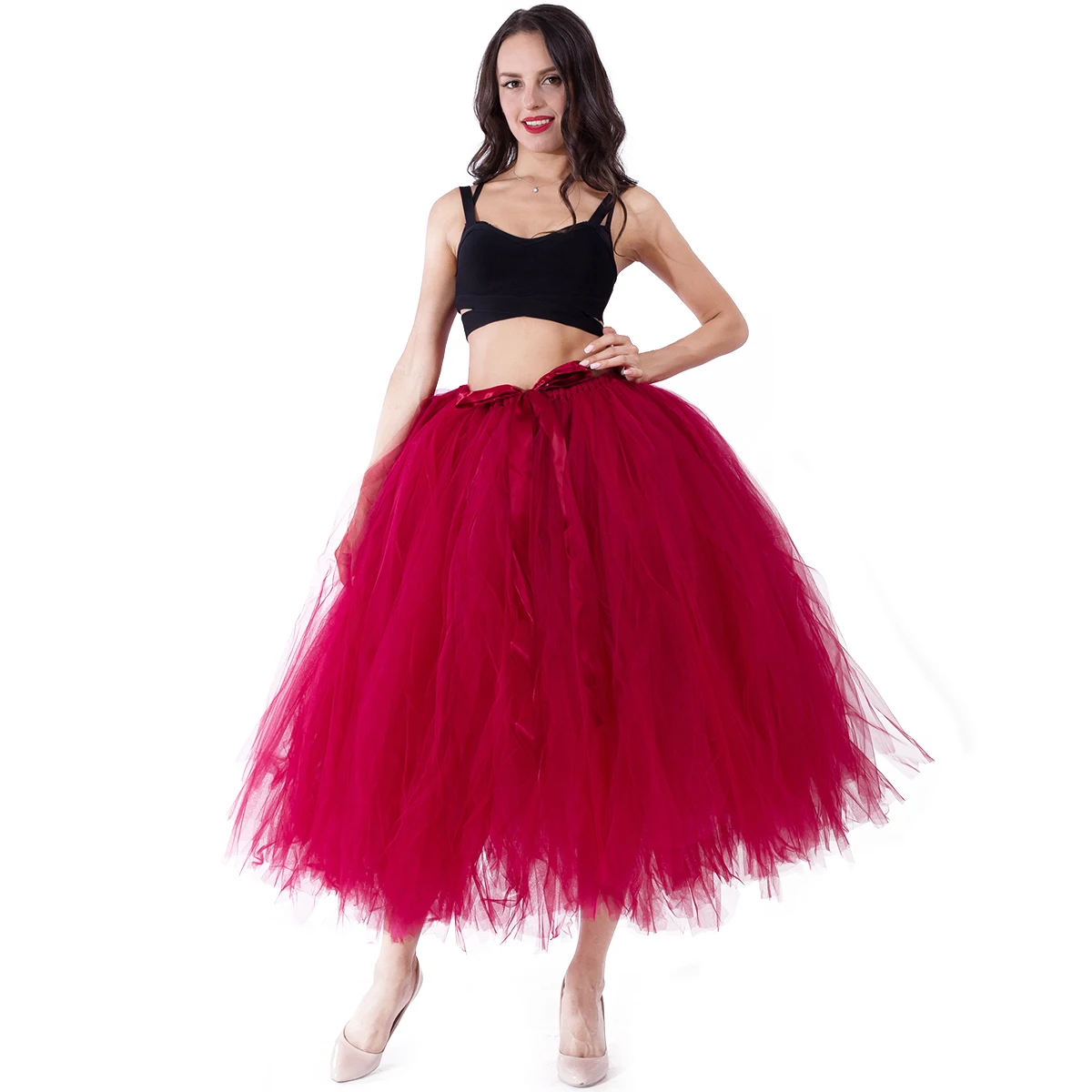 Dark red Amazon Горячая пачка юбка юбки для сцены бутон шелковая пряжа свежий стиль сплошного цвета принцесса слово юбка показать фото юбочка тюль юбка - Цвет: Dark red