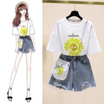 

Short Sleeve Flower Print T-Shirt Summer Hole Jeans Shorts Suits Two Piece Cute School Women's Sets