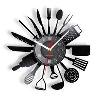 Cooking Set Wall Clock Knife Fork Spoon Vinyl Record Kitchen Home Decor Reloj De Pared Quartz Watch Zegar Scienny 1