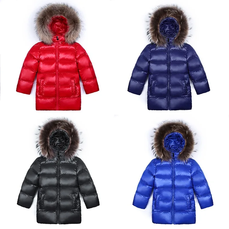 Children Winter Down Jacket Girls Boys Long Down Winter Clothing Thick Natural Large Fur Collar