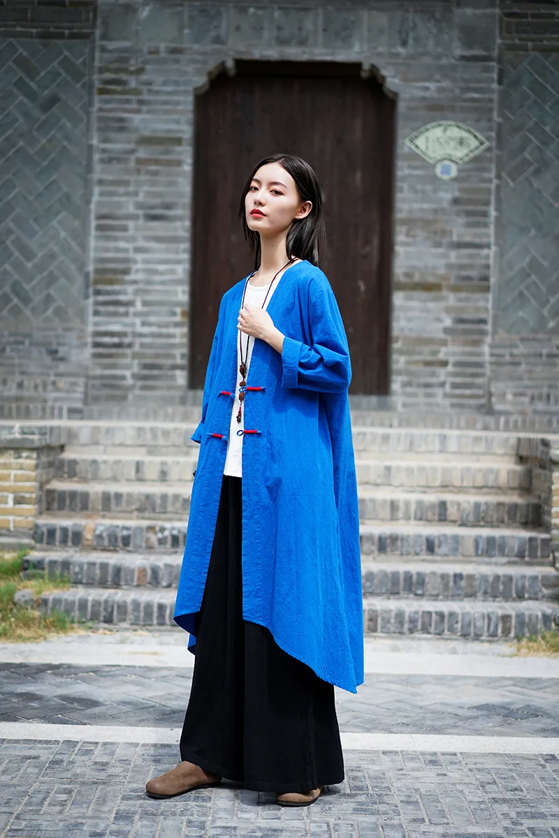 LZJN Spring Cotton Linen Long Trench Coat Chinese Long Windbreaker Women Open Front Cardigan Outerwear Cortavientos Coupe Vent (4)