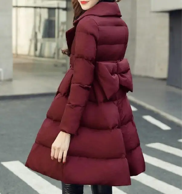 Зимние женские милые Куртки, трапециевидная пуховая хлопковая куртка с большим бантом, женские тонкие зимние пальто с хлопковой подкладкой - Цвет: wine red