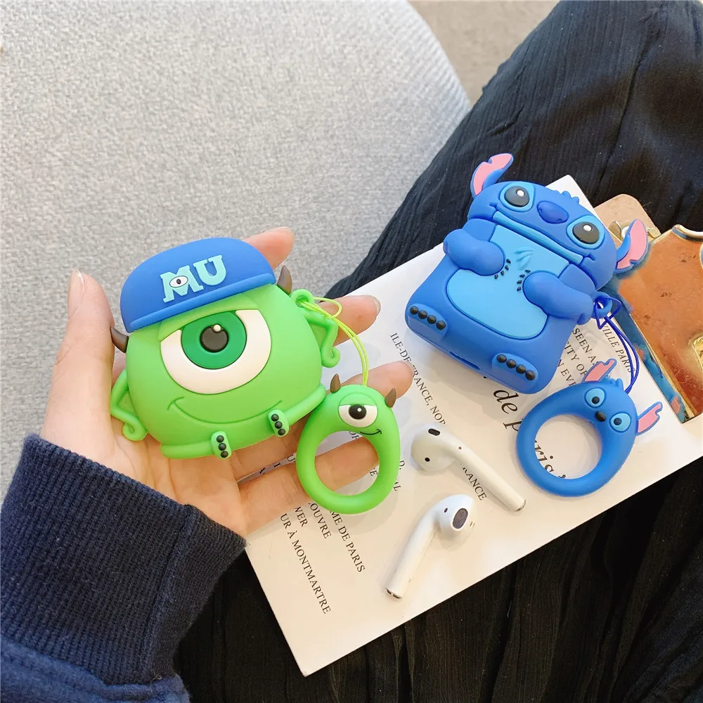 Чехол для наушников с 3D рисунком милого стежка инопланетянина майка для AirPods 1 2, чехол для bluetooth-гарнитуры, силиконовый чехол для наушников с ремешком