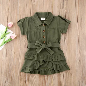 

2-7Y Kid Baby Girls Summer Dress Solid Short Sleeve Ruffles A-Line Mini Dress+Belt