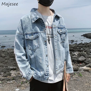 

Men Jackets Denim Letter Printed Turn Down Collar Loose Casual Daily Outwear Chic Streetwear Teens New Ulzzang Retro Harajuku