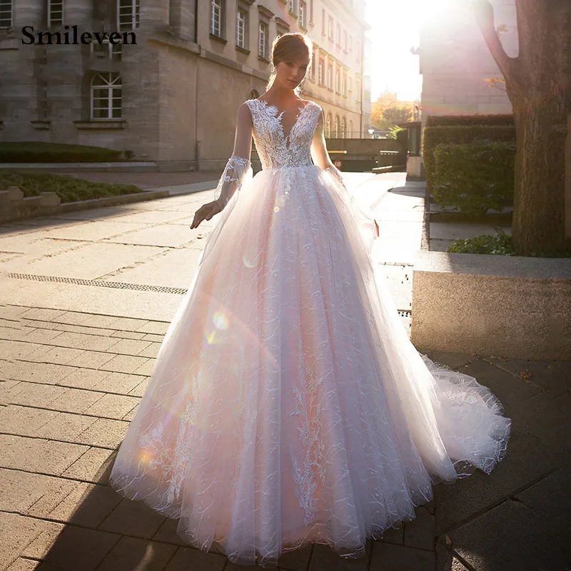 

Smileven Princess Wedding Dresses 2020 Flare Sleeve Sparkling Lace Beach Bride Dresses vestido de casamento Boho Wedding Gowns