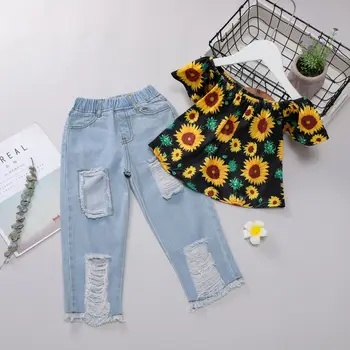 

Foreign Trade Europe and America Girls Summer Set Sunflower Printed Shoulder Tops Plus with Holes Jeans Two-Piece Set