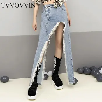 

Korea Tassel Denim Skirt For Women High Waist Split Large Size Irregular Skirts 2020 Female Summer Sexy Clothing E036