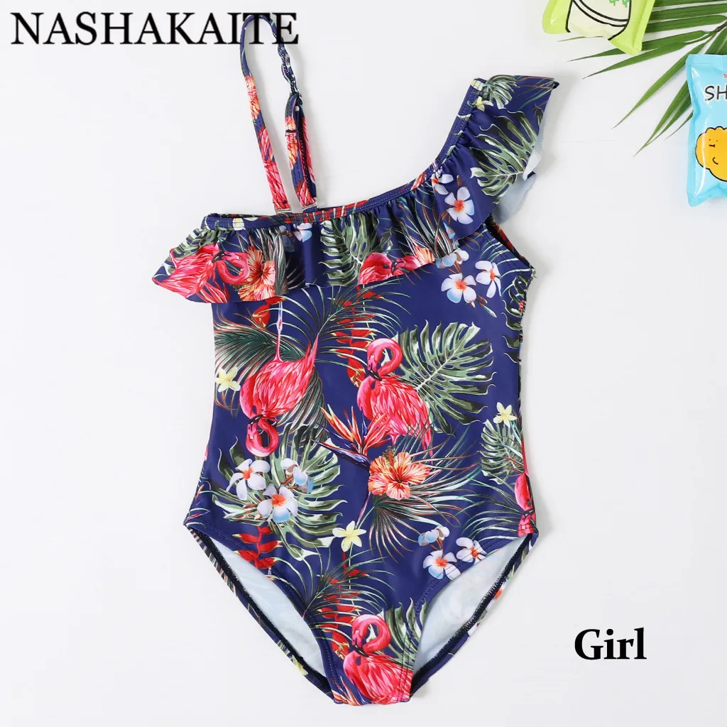 NASHAKAITE купальный костюм для мамы и дочки; Новинка; пляжная одежда на одно плечо с принтом Фламинго; семейный Купальник; купальник для мамы и дочки