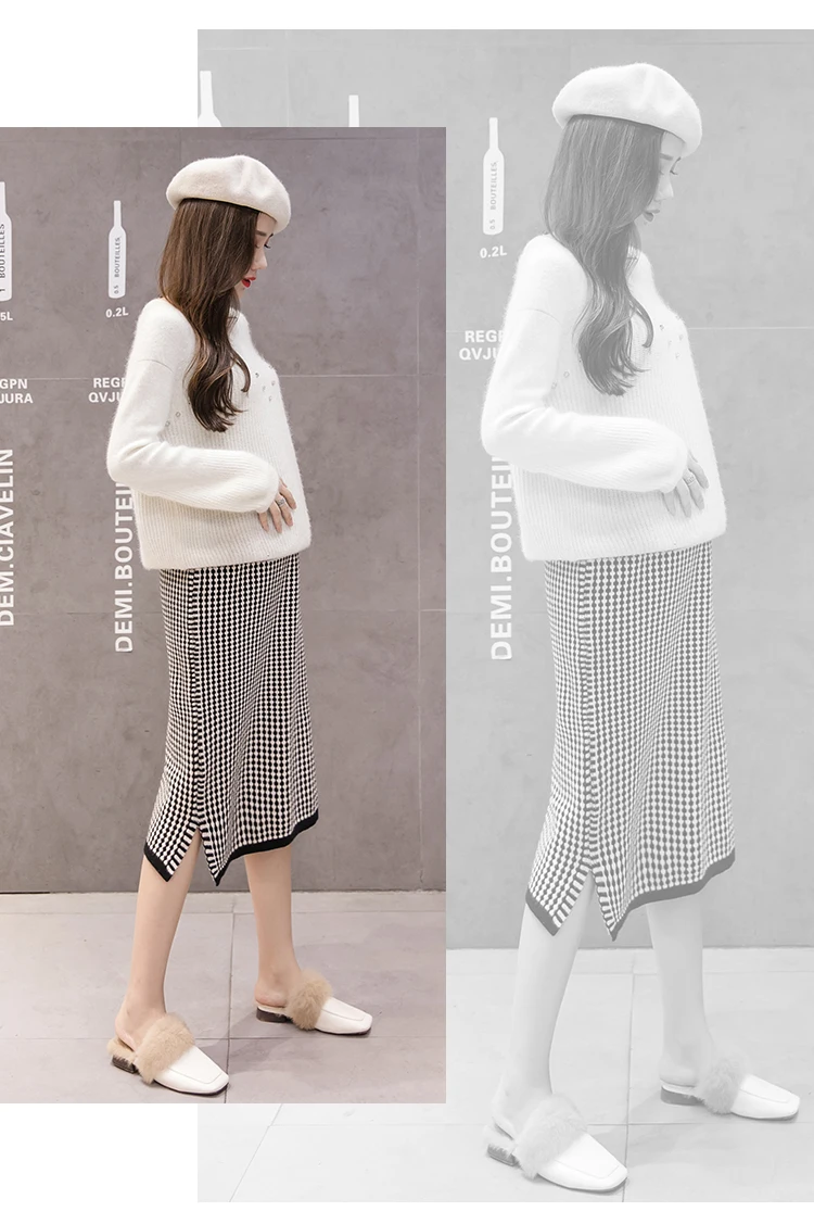 Pregnant Women Knitted Skirts Side Split Mid-Calf Maternity Plaid Belly Skirts Fashion Printing Pregnancy Empire Pencil Skirts