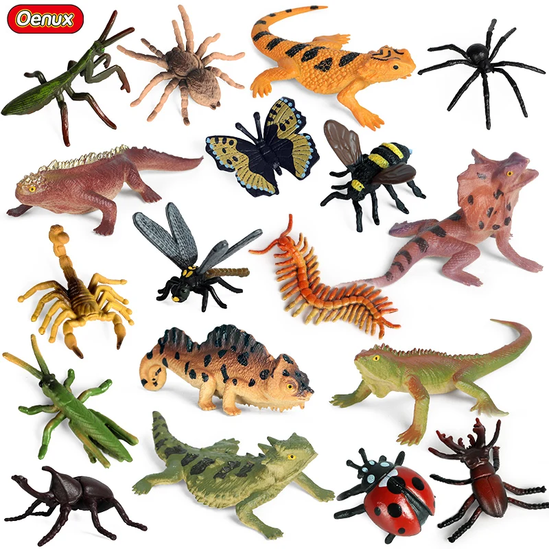 

Oenux 18PCS/Set Mini Reptile Animals Simulation Lizard Bee Butterfly Action Figures Cake Toppers Model Educational PVC Kids Toy