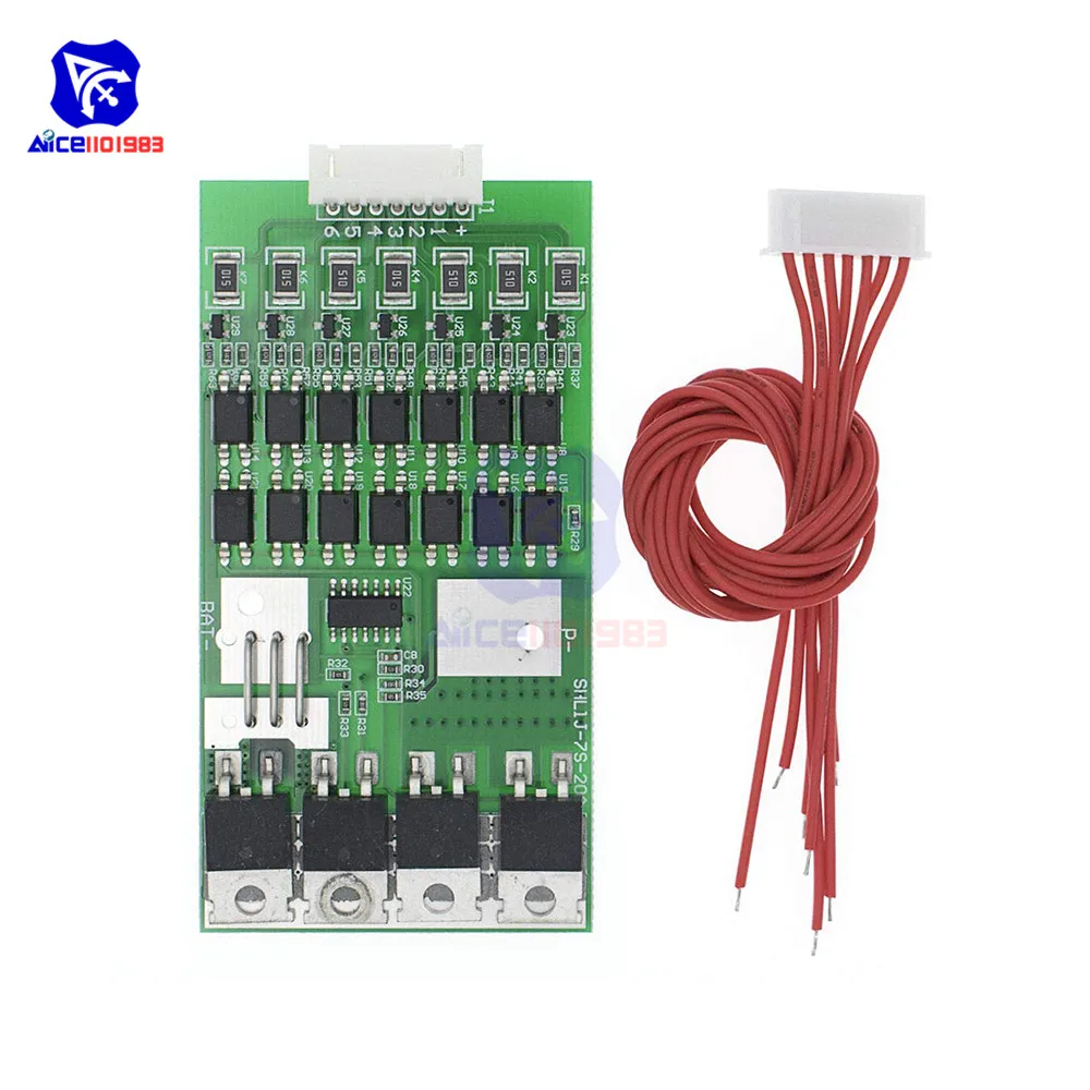 Защитная плата diymore BMS 7S 24 В 20 А для литий ионных и литиевых аккумуляторов 18650