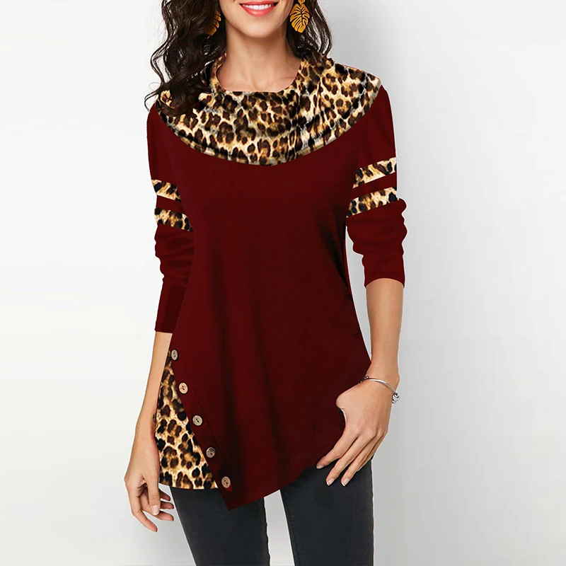 

Cotton Leopard Print Top Women's Blouses Shirts Casual Plus Size 2020 Spring Female Tunic Irregular Button Womens Tops Blouses