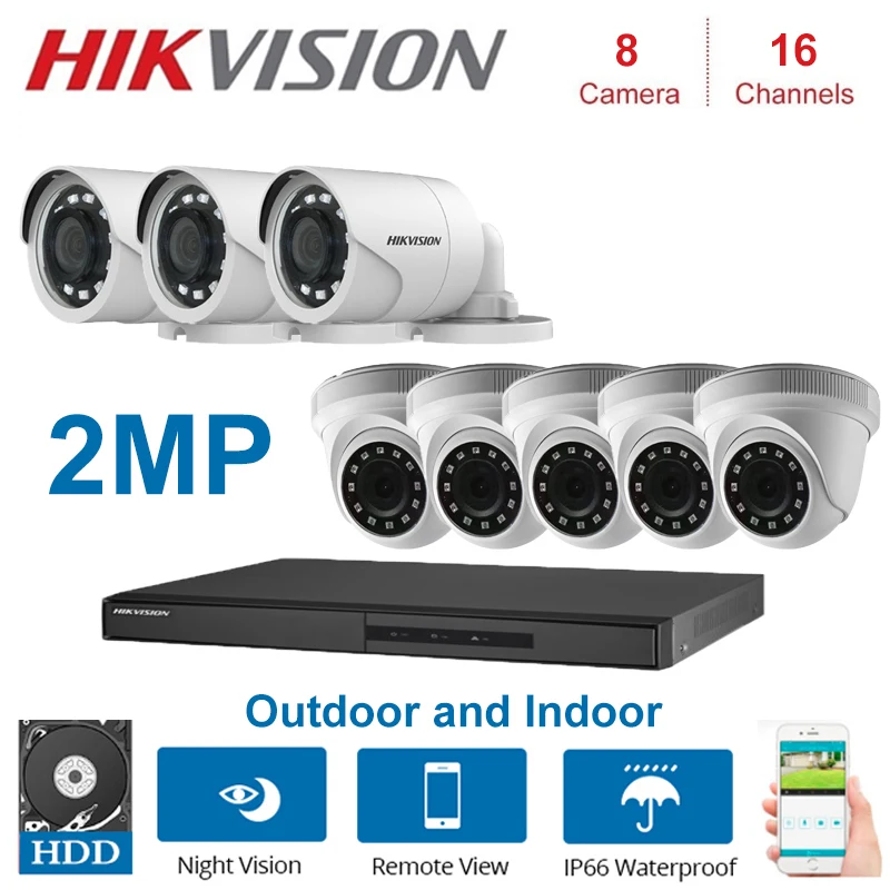 2MP HIKVISION 16-канальный видеорегистратор Гибридный видеонаблюдение Регистраторы с 2MP купол и Пуля безопасности Камера наборы