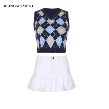 

Women Sweater Vest With Skirt Suit Argyle Plaid Knitted Y2k Tank Tops V-Neck Casual Cropped Streetwear Vintagewinter Fall Tops