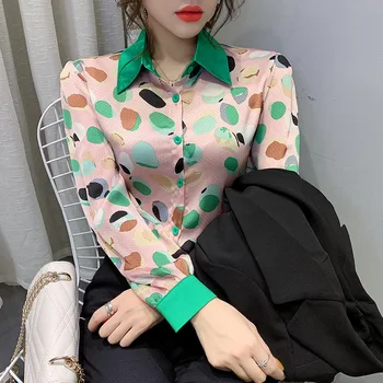 

2020 Autumn Clothes Printing Contrast Chiffon Shirt Long Sleeve Backing Shirt Slim Fit Top Female