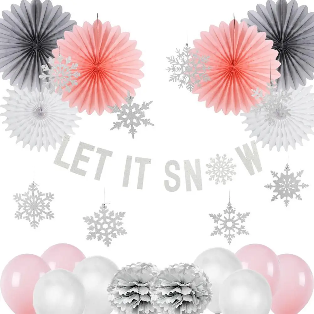 

Christmas Decoration Set Pink Let it Snow Kit Paper Snowflake Fans Navidad New Year Ornaments New