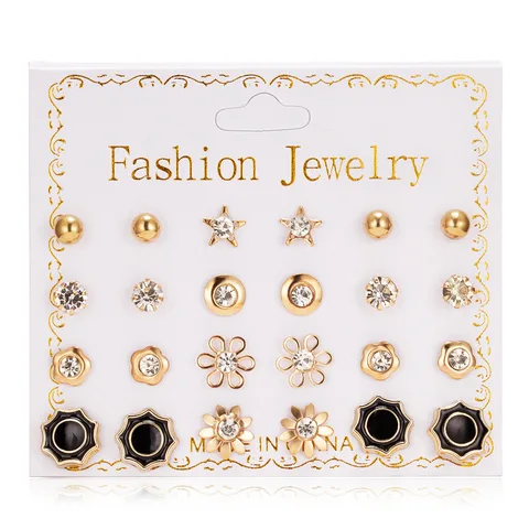 Pairs Stud Earrings Set for Women Statement Heart Star Snowflake Flower Crystal Pearl One Week Minimalist Set of Earrings Gift