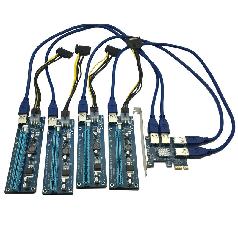 ^Cheap 10set/lot 60cm USB 3.0 PCIe Riser Card PCI-E Express 1x to 4 Port PCI-E 16x Extender Adapter SATA 15Pin-6Pin Power Cable for BTC