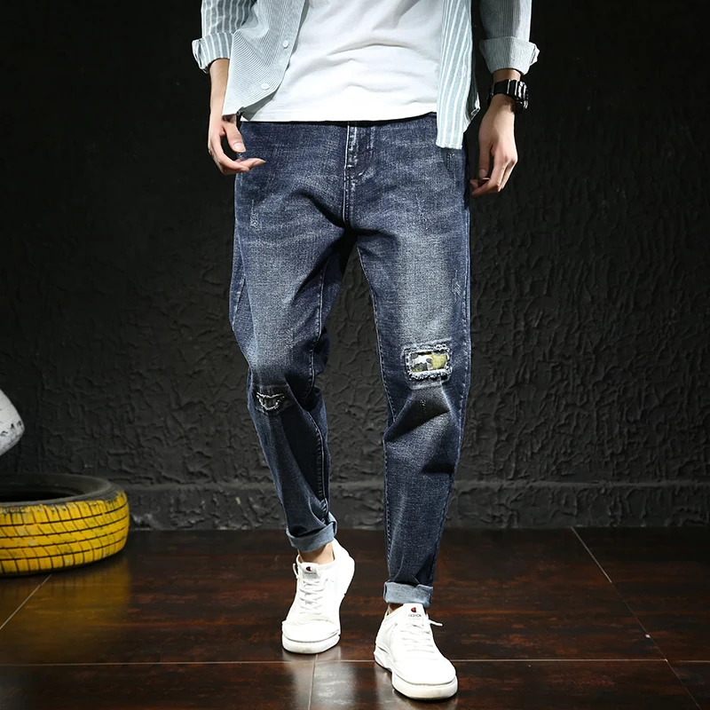 Большие размеры 42, 44, 46, 48, мужские облегающие джинсы, новые модные джинсовые мужские брюки-шаровары, Брендовые брюки черного и синего цвета