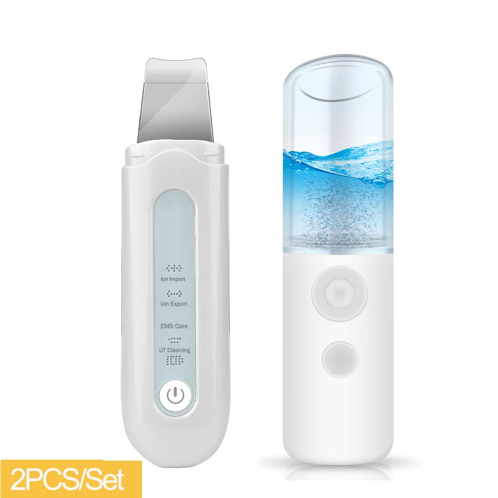 

2PCS/Set Ultrasonic Ion Skin Scrubber Cleaner Face Lift Peeling Extractor Deep Cleaning Beauty Device + Facial Steamer Sprayer
