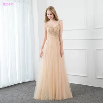 

YQLNNE Sexy Nude Diamond Beaded Long Prom Dresses 2020 V Neck Tulle Formal Party Dress Sleeveless Elegant
