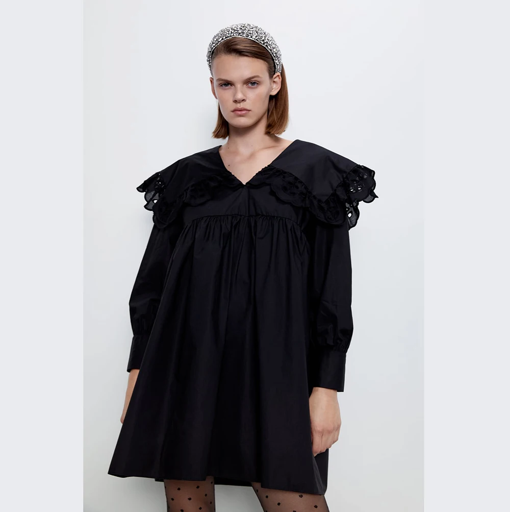 

Bohemian 2019 za Women V-neck Summer Autumn Cute Dresses Solid Black Peter Lace Collar Ruffles Loose Dress Knee Length Women